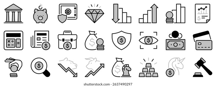 Icons in two tones about finance. Financial concept. Contains such icons as piggy bank, bank, stock market, investment and accounts. Editable stroke