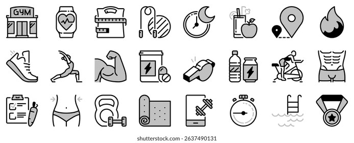 Icons in two tones about fitness. Healthcare. Contains such icons as gym, training, sports, running, diet, body building, yoga and equipment. Editable stroke 