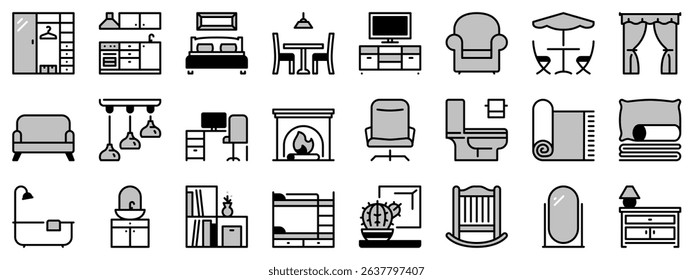 Icons in two tones about furniture. Contains such icons as bedroom, kitchen, dinning room, living room, workspace, toilet and garden. Editable stroke