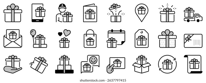 Icons in two tones about gift. Shopping concept. Contains such icons as gift box, gift card, wish list and gift wrap. Editable stroke