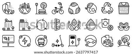 Icons in two tones about green city. Sustainable development. Contains such icons as renewable energy, autonomous building, air and water quality. Editable stroke