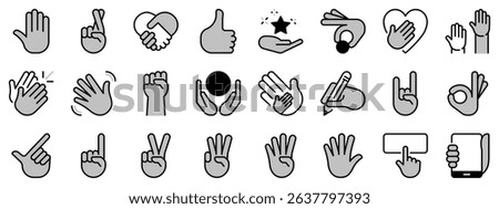 Icons in two tones about hand gestures. Contains such icons as fingers crossed, clapping, point, waving, writing and numbers. Editable stroke. 