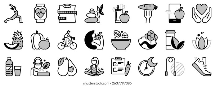 Icons in two tones about healthy lifestyle. Editable stroke.