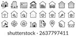 Icons in two tones about home and real estate. Contains such icons as country house, apartments, search for sale or for rent, mortgage and insurance. Editable stroke