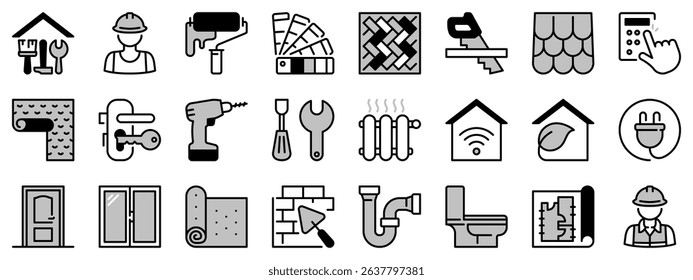 Icons in two tones about home renovation. Contains such icons as repair, tools, building materials, worker, sanitary, carpentry, architecture  and decor. Editable stroke