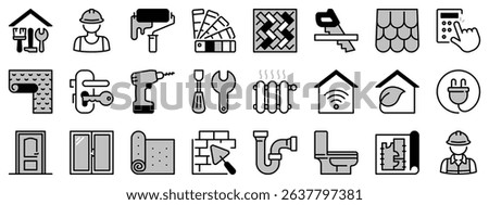 Icons in two tones about home renovation. Contains such icons as repair, tools, building materials, worker, sanitary, carpentry, architecture  and decor. Editable stroke