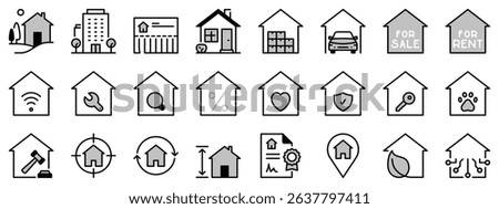 Icons in two tones about home and real estate. Contains such icons as country house, apartments, search for sale or for rent, mortgage and insurance. Editable stroke
