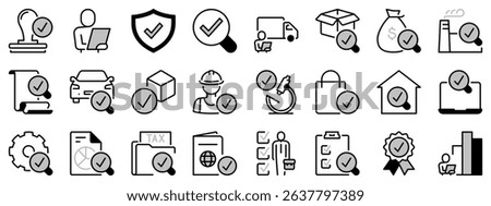 Icons in two tones about inspection. Contains such icons as quality control, security verified, auditing and analysis. Editable stroke. 