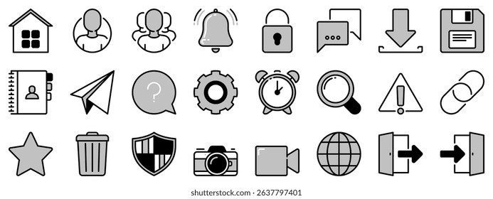 Icons in two tones about interface 1. Editable stroke. 