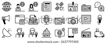 Icons in two tones about journalism. Contains such icons as communication, news, tv, radio, newspaper, digital media and journalist. Editable stroke
