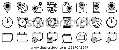 Icons in two tones about location, time and date. Contains such icons as clock, schedule, calendar and pin. Editable stroke.