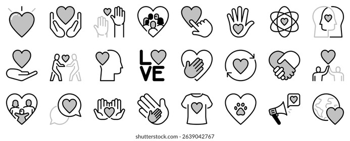 Icons in two tones about love. Contains such icons as donate, friendship, care, solidarity and ethical business. Editable stroke