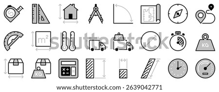 Icons in two tones about measuring. Contains such icons as tape measure, capacity, weight, timer and distance. Editable stroke. 