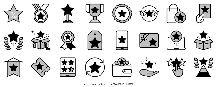 Icons in two tones about rewards. Contains such icons as bonus, discounts and special benefits. Editable stroke