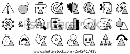 Icons in two tones about risk management. Contains such icons as operational, reputacional, legal, compliance and financial risk. Editable stroke. 