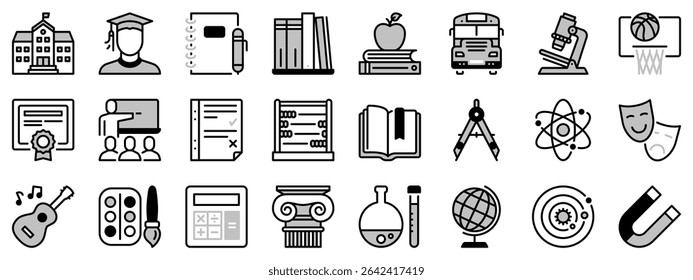 Icons in two tones about school. Contains such icons as books, blackboard, subjects, stationery supplies, and school bus. Editable stroke.