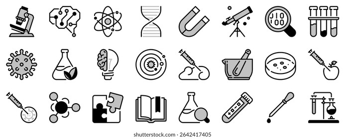 Icons in two tones about science. Contains such icons as laboratory, vaccine,  chemistry, artificial intelligence, gmo, and nano technology. Editable stroke