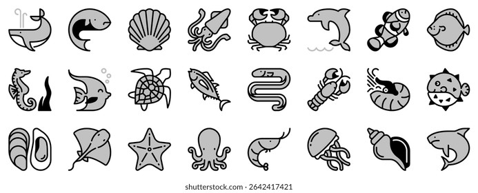 Icons in two tones about sea animals. Sea world. Editable stroke.
