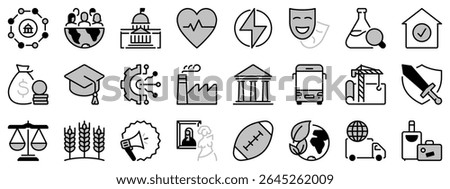 Icons in two tones about sector of society. Contains such icons as education, health care, transport, industry, finance, justice and agriculture. Editable stroke.