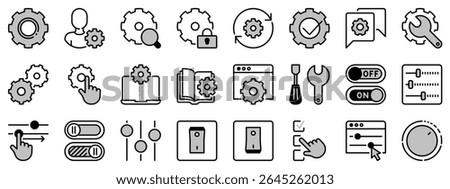 Icons in two tones about settings and controls. Contains such icons as account settings, up and down, web and applications tools and installing options. Editable stroke