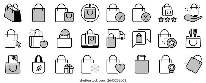 Icons in two tones about shopping bag. Contains such icons as gift, fast shopping, delivery and shopping checked. Editable stroke.