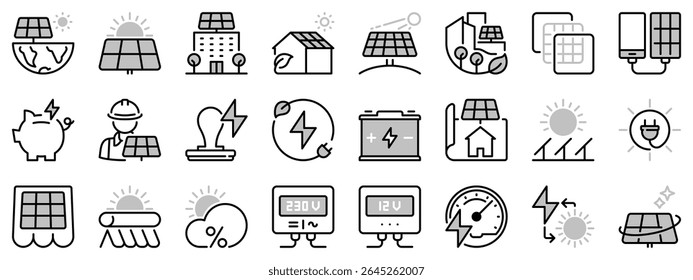 Icons in two tones about solar energy. Contains such icons as installation, efficiency, solar panel, renewable energy. Editable stroke