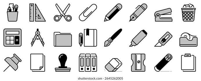 Ícones em dois tons sobre papel de carta. Contém ícones como régua, lápis, tesoura, cola, clipe, borracha, marcador, papel e pasta. Traçado editável