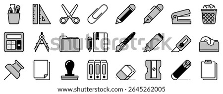 Icons in two tones about stationery. Contains such icons as ruler, pencil, scissors, glue, clip, eraser, marker, paper and folder. Editable stroke