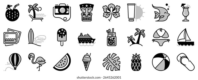 Ícones em dois tons sobre o turismo de verão. Contém ícones como esportes de cruzeiro de viagem, sorvete e coco.  Traçado editável. Vetor
