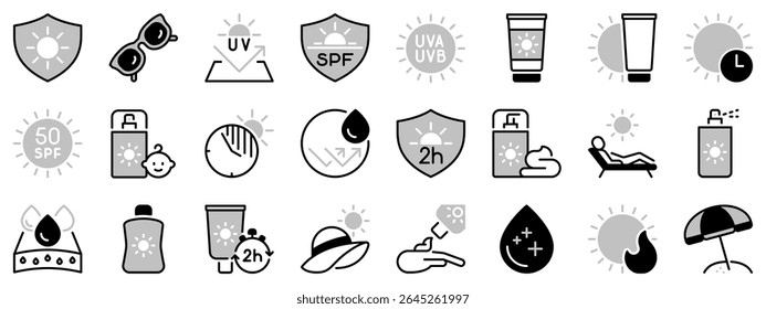 Icons in two tones about sun protection. Contains such icons as sunglasses, SPF, sunscreen and skin care. Editable stroke.