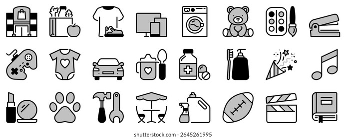 Icons in two tones about supermarket. Contains such icons as grocery, clothing, personal care, outdoors, home improvement and entertainment. Editable stroke