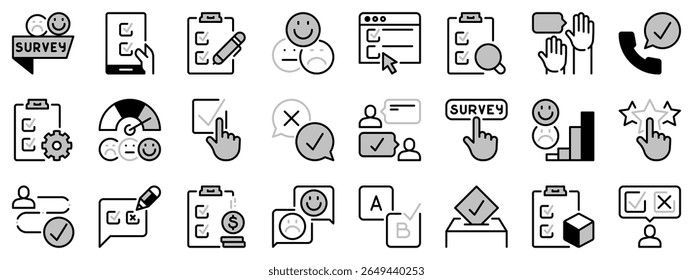Icons in two tones about survey. Contains such icons as poll, data analysis, customers loyalty, feedback, and rating. Editable stroke.