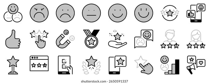 Icons in two tones about survey and rating. Contains such icons as referral marketing, customer satisfaction, CRM, feedback and testimonials. Editable stroke 