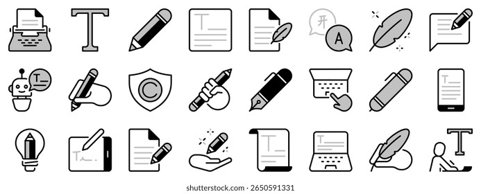 Icons in two tones about text. Contains such icons as writing, creativity, pencil and writer. Editable stroke. 