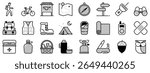 Icons in two tones about trekking and biking. Contains such icons as camping, map, trail, picnic, bike, and mountain equipment. Editable stroke