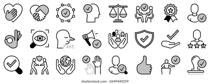 Icons in two tones about trust. Contains such icons as honesty, commitment, integrity and transparency. Editable stroke. 