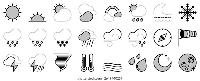 Icons in two tones  icons about the weather. Editable stroke.