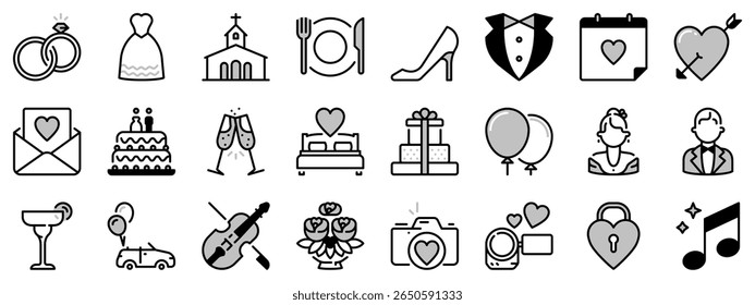 Ícones em dois tons sobre casamento. Contém ícones como celebração, anéis, vestidos de noiva, convites e buquê. Traçado editável.