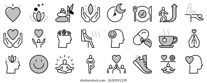 Icons in two tones about wellness. Contains such icons as relaxation,  spirituality, meditation, healthy lifestyle and personal growth. Editable stroke.