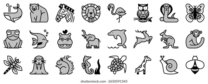 Ícones em dois tons sobre animais selvagens. Animais de estimação. Traçado editável.