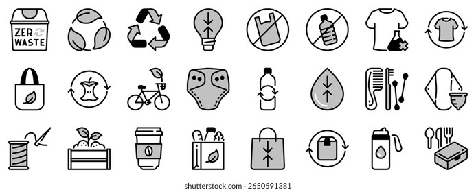 Icons in two tones about zero waste. Ecology concept. Contains such icons as refuse, reduce, reuse, recycle and rot. Editable stroke