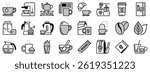 Icons in two tones, black and gray,  about coffee and tea.