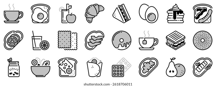 Icons in two  tones, black and gray, about brunch. Contains such icons as fruit, yogur, toast, coffee, salad, sandwich and pancakes. 