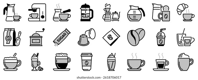Icons in two tones, black and gray,  about coffee.