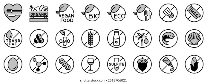 Icons in two tones, black and gray,  about badge food. Contains such icons as organic food, allergens, ingredient warning, and alimentary intolerance.