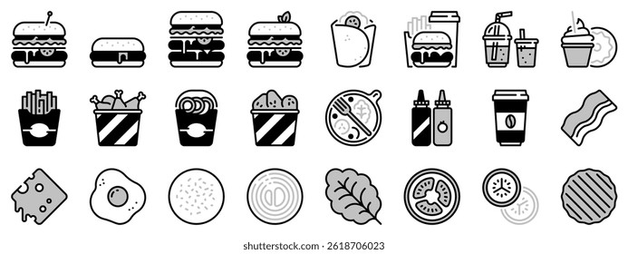 Icons in two tones, black and gray, about food and drink. Burger.