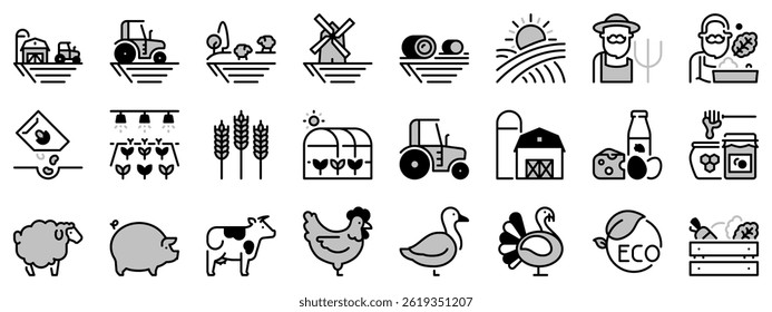 Icons in two tones, black and gray, about farm. Contains such icons as tractor, windmill, vegetables, handmade products and animals. 