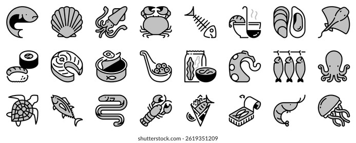 Icons in two  tones, black and gray,  about fish and seafood. 