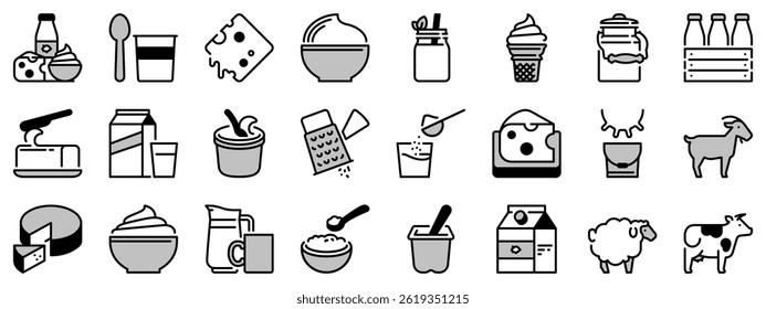Icons in two tones, black and gray,  about dairy products. Milk, yogurt, cheese, cream and butter. 
