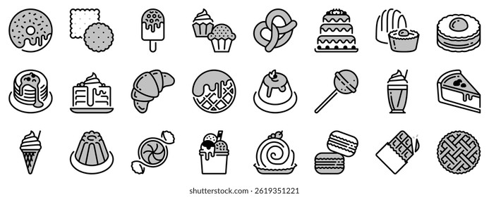 Icons in two tones, black and gray, about desserts and sweets. Food and drink. 
